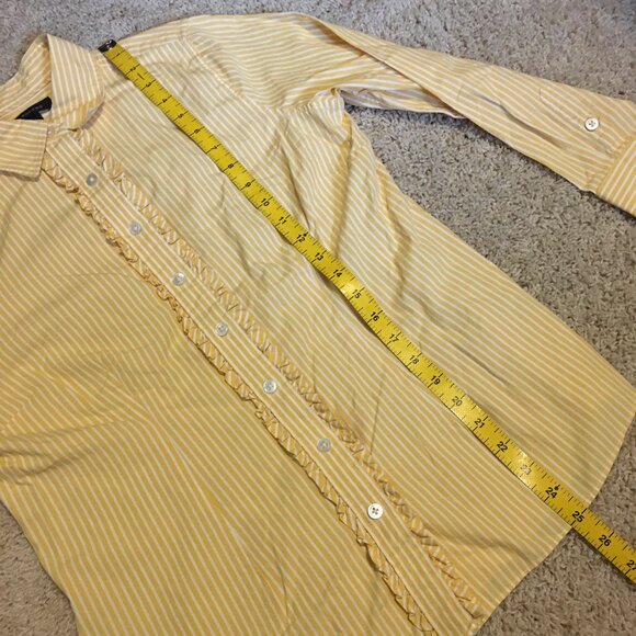 Lands' End Yellow & White Pinstripe Ruffle Trim Button Down Shirt - Picture 15 of 16